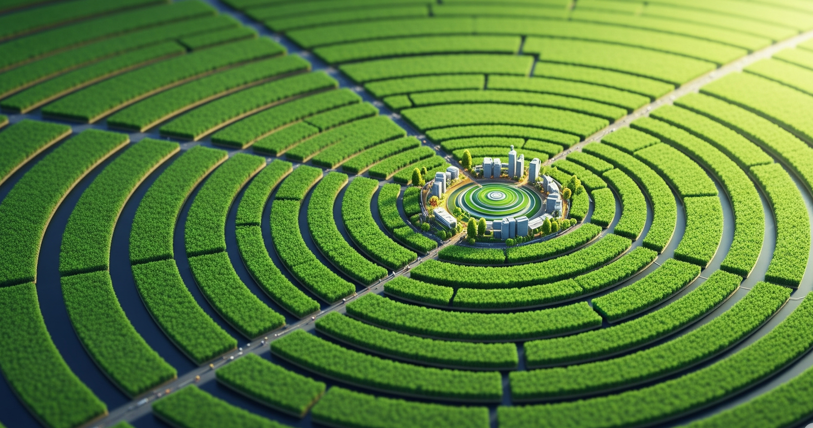 Futuristic city skyline with green spaces